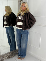 Suede Collared Oversized Bomber Jacket - Brown