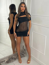 Mesh Contrast Mini Dress With Cut Out Detail - Black