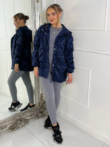 Long Ruched Sleeve Windbreaker Jacket - Navy