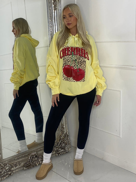 Leopard Box Cherries Print Ruche Sleeve Hoodie - Yellow