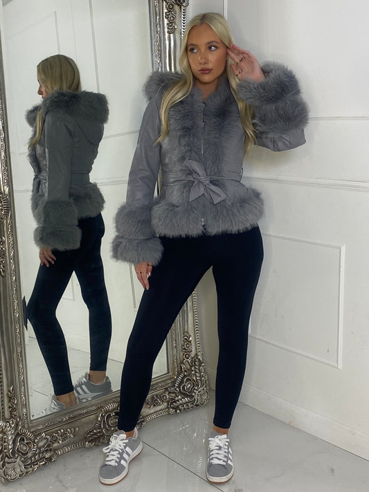 Short Belted Faux Fur & Pu Contrast Jacket - Grey