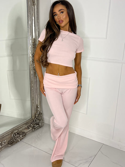 Ribbed Crop Top & Fold Over Flares Loungesuit - Baby Pink