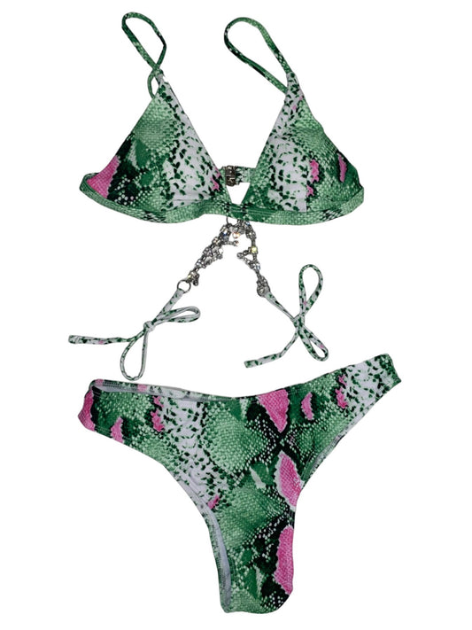 Silver Tastle Detail Bikini - Green Snake