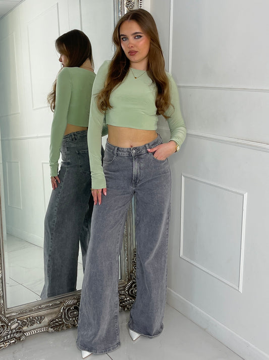 Padded Shoulder Long Sleeve Crop Top  - Sage Green
