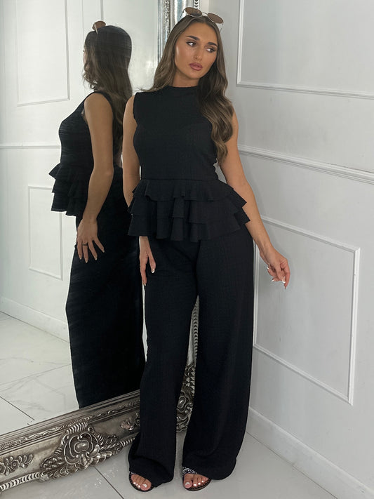 Cheesecloth Ruffle Top & Straight Leg Pants Co-Ord - Black