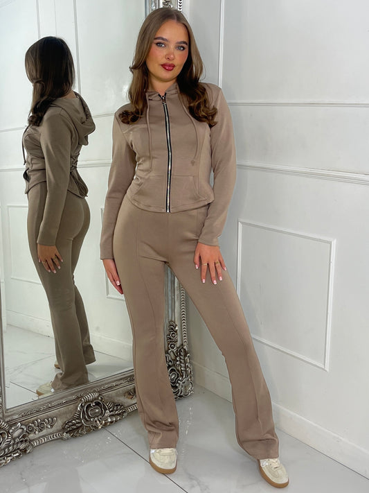 Tie Up Corset Detail Back Hoodie & Seam Detail Flared Pants - Taupe