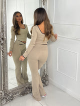 Crossover Ruched Bum Flares & Line Detail Long Sleeved Top - Beige