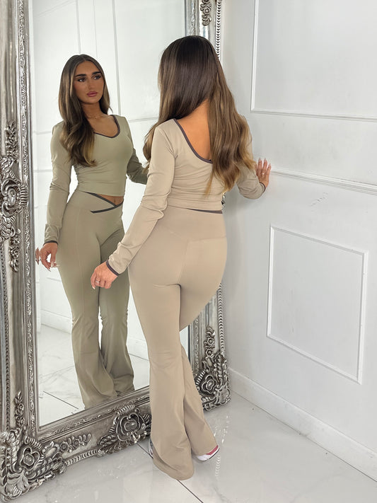 Crossover Ruched Bum Flares & Line Detail Long Sleeved Top - Beige