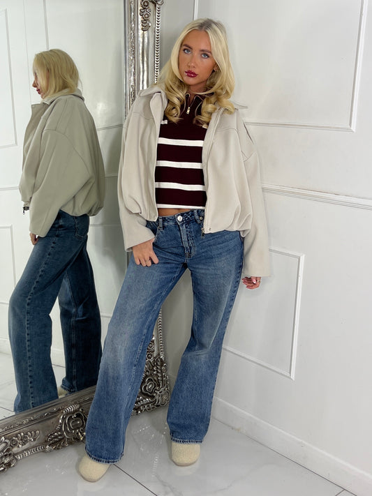 Collared Oversized Bomber Jacket - Cream