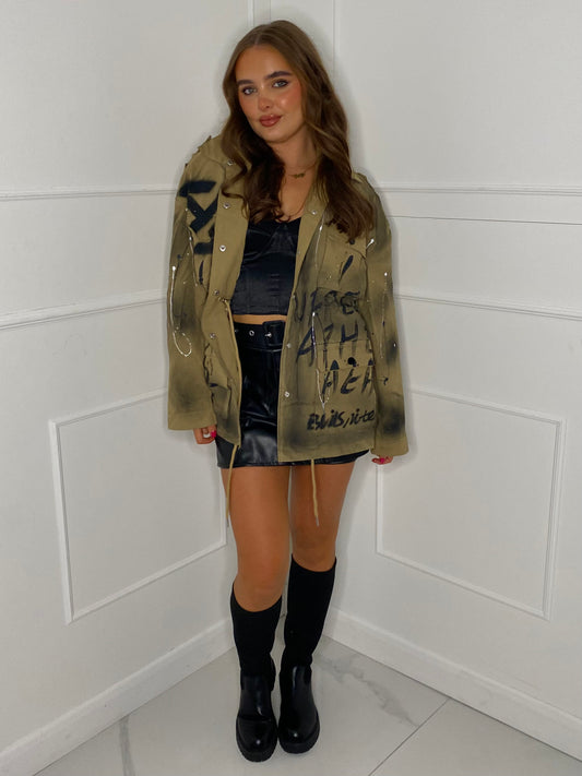 Oversized Graffiti Print Jacket - Beige