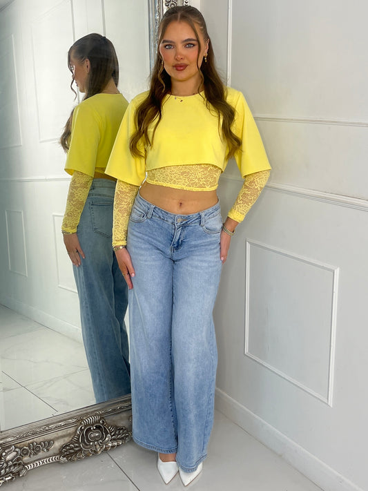 Round Neck Cropped Tee With Lace Bra Underlayer & Lace Sleeves - Yellow