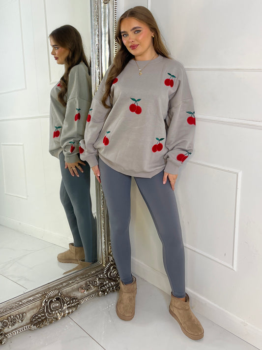 Embroidered Cherry Sweatshirt - Grey