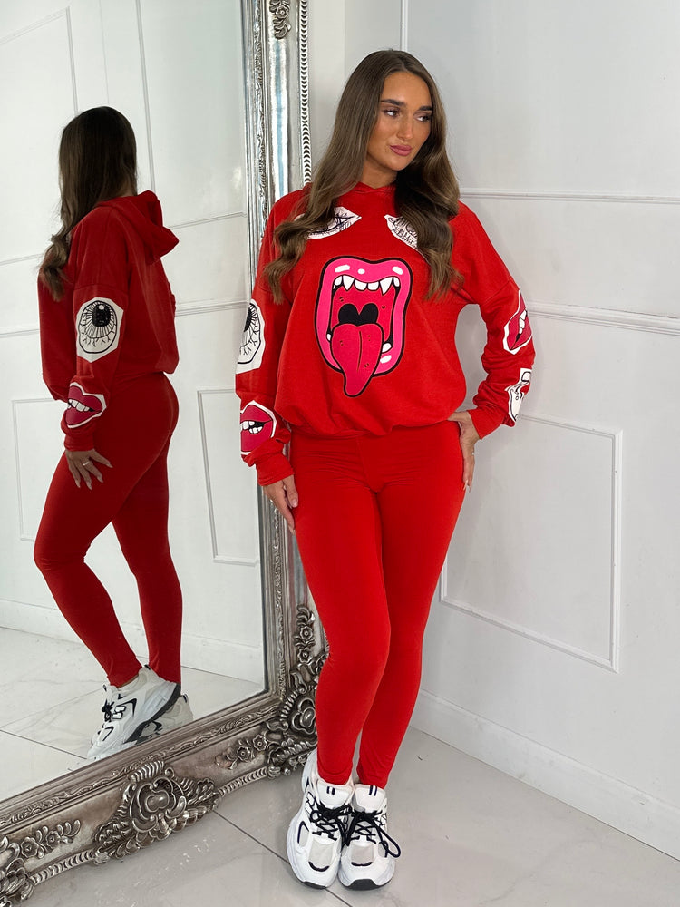 Mouth Print Hoodie  - Red