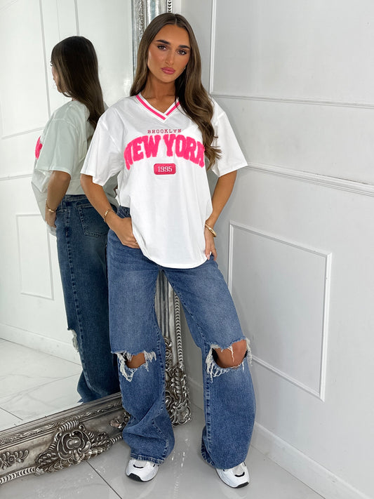 V Neck Oversized Varsity Tee- White & Neon Pink