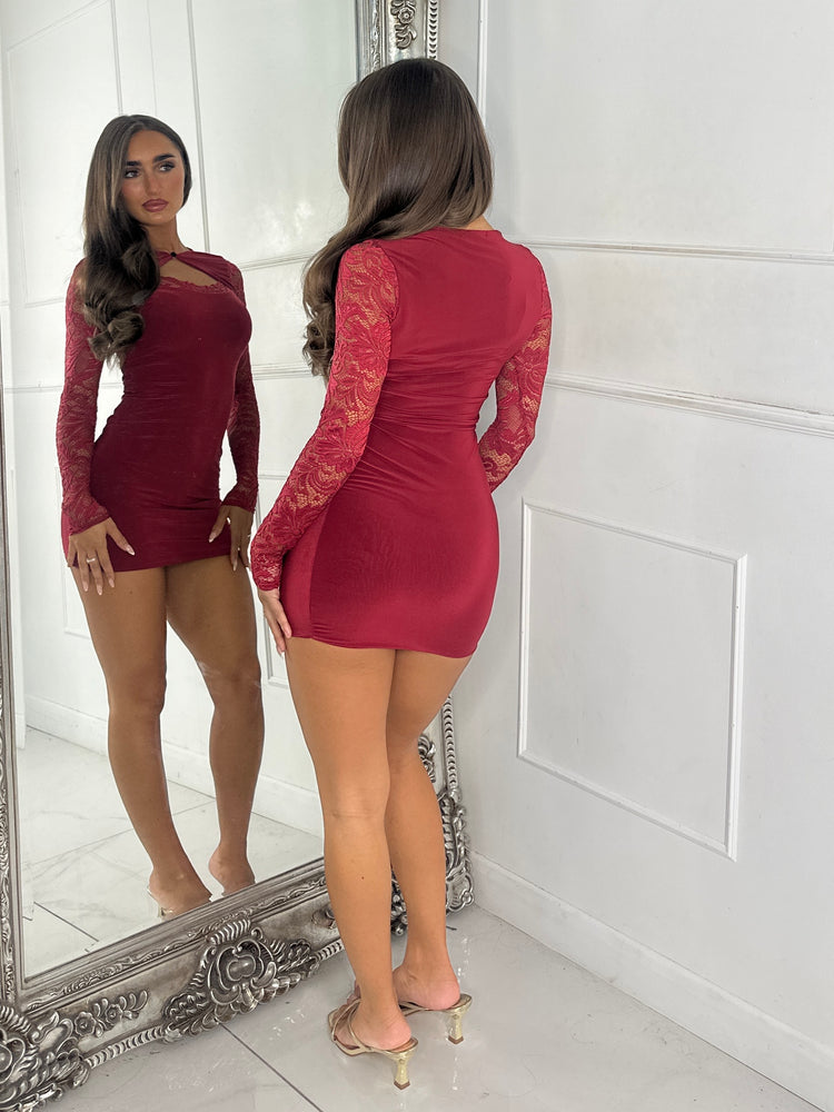 Celeste Lace Sleeve Mini Dress - Wine
