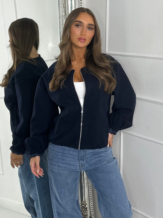 Puff Sleeve Bomber Jacket - Dark Navy