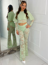 Round neck Lace Sleeves Crop Tee & Built In Black Knicker Underlayer Lace Flares Co-Ord - Sage Green