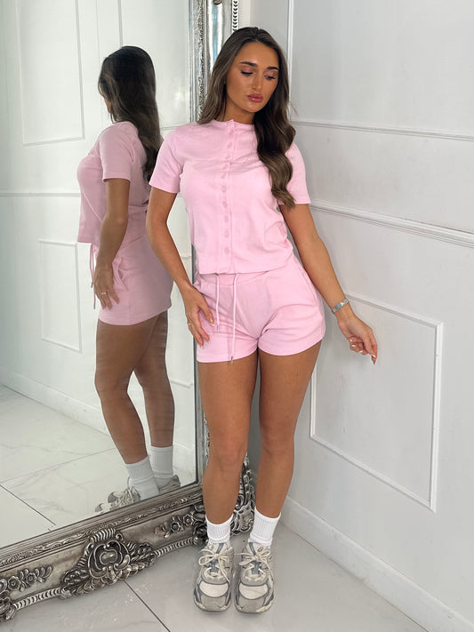 Round Neck Button Up Ribbed Top & Drawstring Shorts Co-ord - Baby Pink