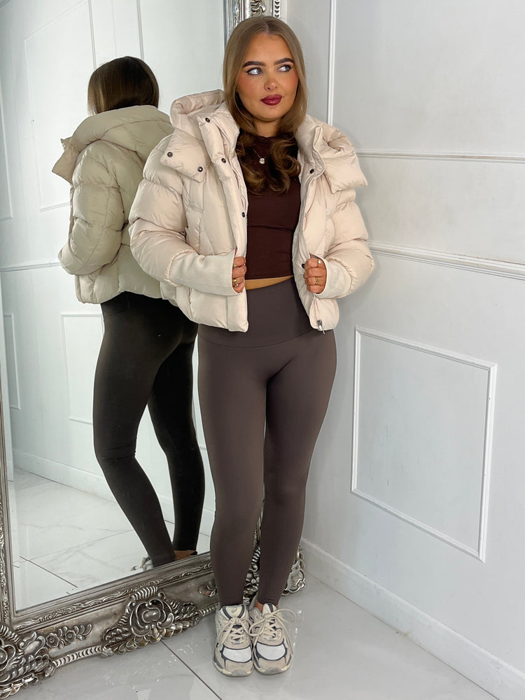 Cropped Puffer Coat With Hood - Cream