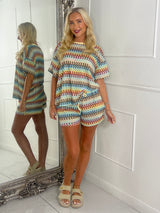 Knitted Crochet Oversized Tee & Matching Shorts Set - Yellow Multi Swirl