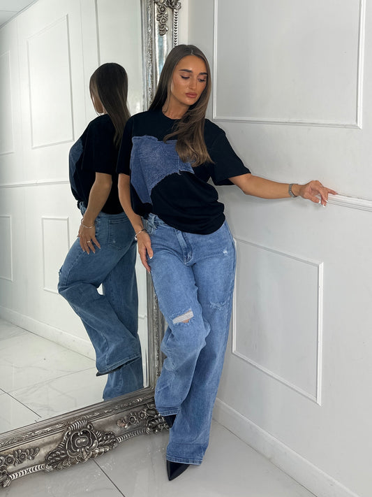 Blue Denim Print Oversized T-shirt - Black