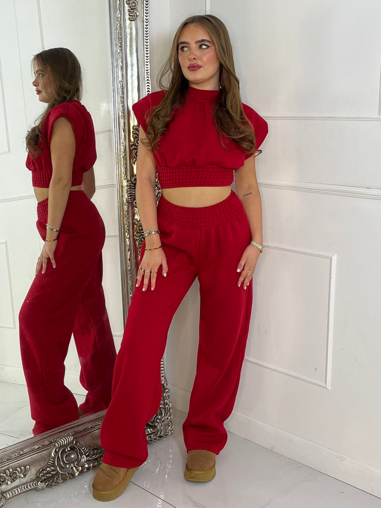 Padded Shoulder Top & Wide Leg Pants Tracksuit - Red