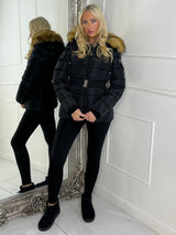 Padded Belted Coat With Faux Fur Hood - Black/Natural
