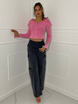 Thick Knit Fold Over Cardigan - Baby Pink