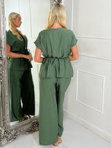 Linen Tie Waist V Neck Top & Wide Leg Pants Co-Ord - Khaki