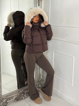 Cropped Faux Fur Trim Padded Jacket - Brown/Cream