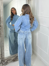 Seam Detail Denim Cropped Jacket & Baggy Straight Leg Denim Jeans Co-Ord - Blue