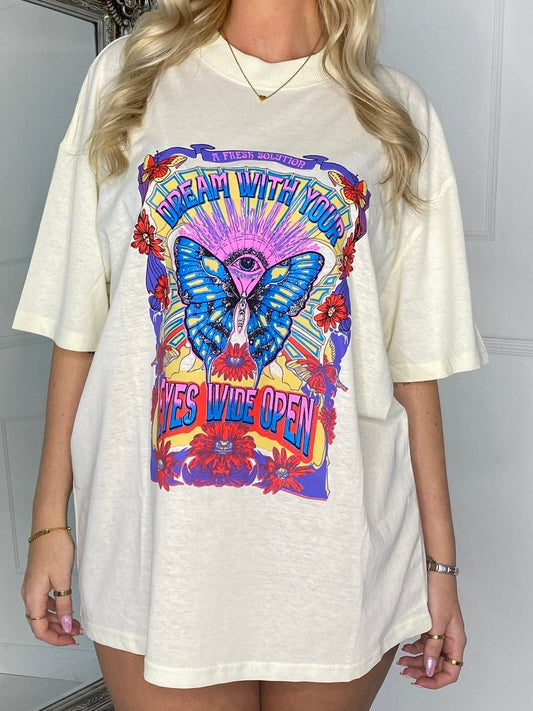 Ribbed Collar Oversized T-Shirt - Cream Butterfly Print