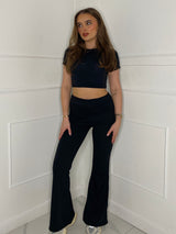 Crop Tee & Fold Over Flares Loungesuit - Black