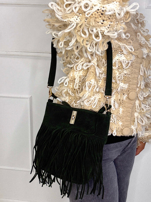 Small Suede Full Tassel Gold Lock Detail Shoulder Bag - Khaki