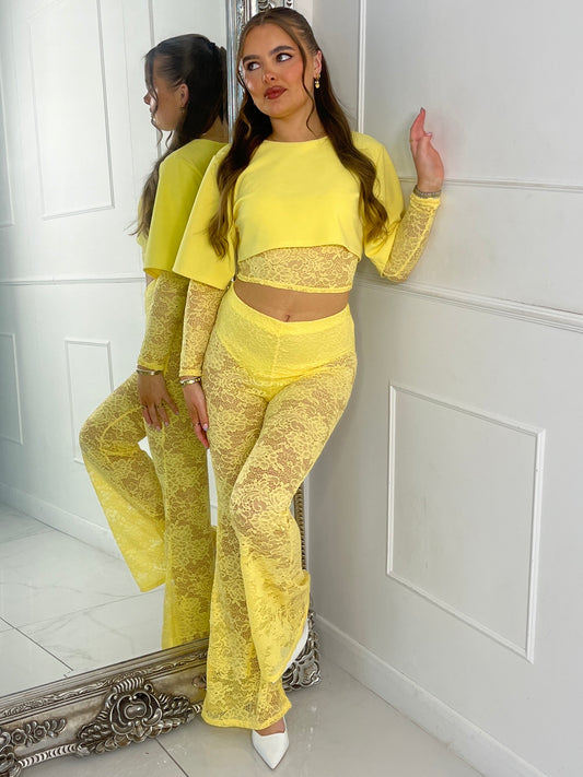 Round neck Lace Sleeves Crop Tee & Built In Black Knicker Underlayer Lace Flares Co-Ord - Yellow