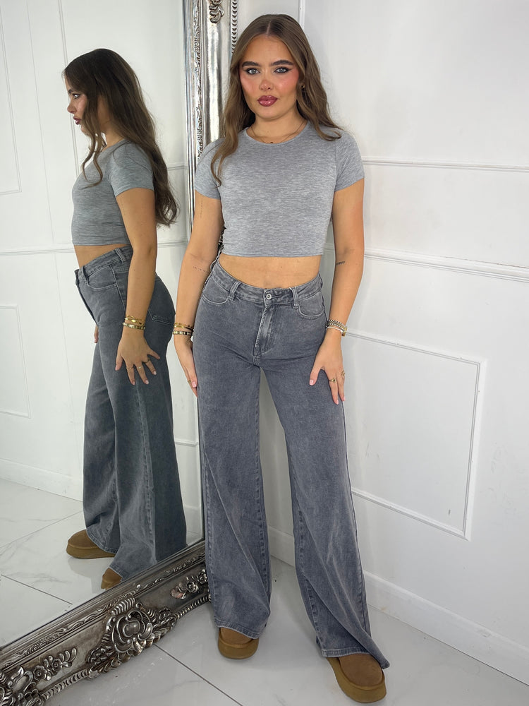 Wide Leg Stretch Jeans - Light Grey