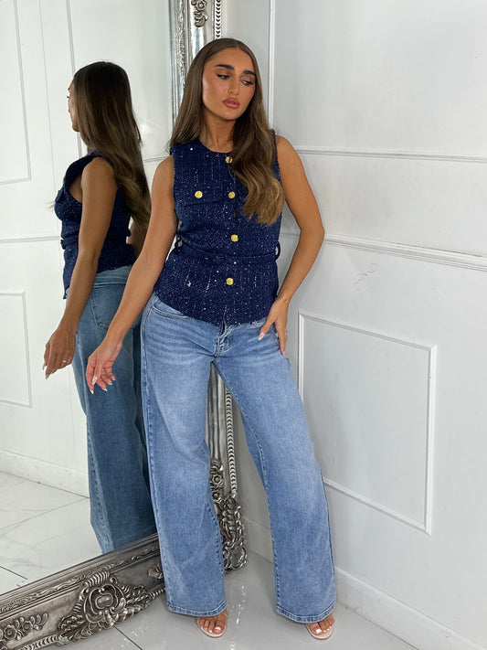 Tweed Sequin Belted Waistcoat - Navy