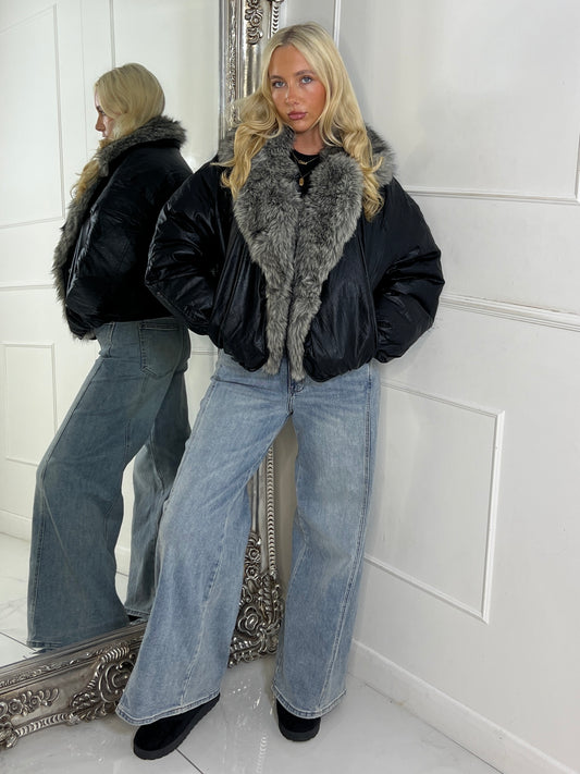PU Faux Fur Collared Bomber Jacket - Black
