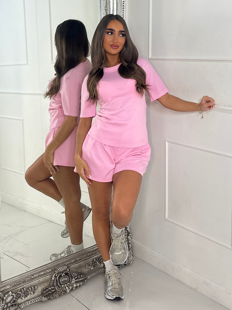 Elasticated Tailored Look Shorts & Cinch Waist Top Co-Ord - Baby Pink