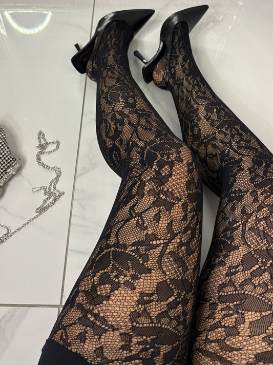 Lace Floral Pattern Tights - Black