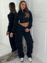Cargo Pocket Detail Straight Leg Pants & Crop Zip Up Jacket - Black
