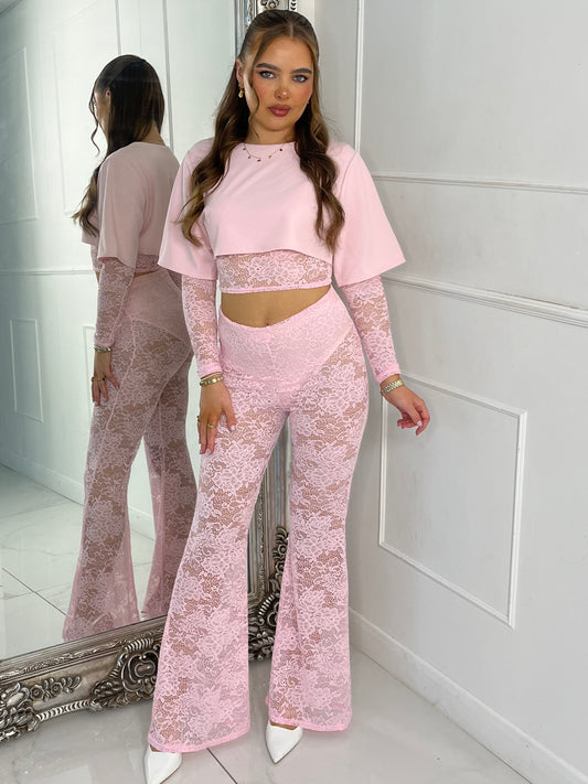 Round neck Lace Sleeves Crop Tee & Built In Baby Pink Knicker Underlayer Lace Flares Co-Ord - Baby Pink
