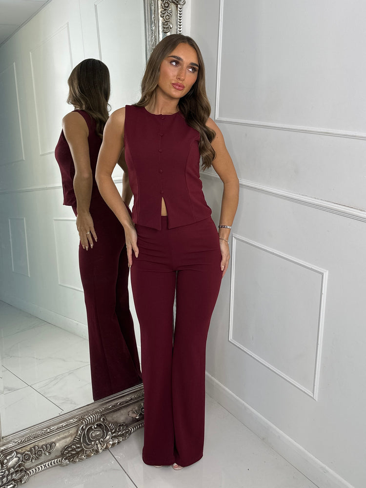 Button Slit Front Detail Waistcoat & Kick Flares Set - Wine