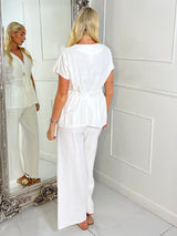 Linen Tie Waist V Neck Top & Wide Leg Pants Co-Ord - White