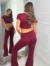 Crop Tee & Fold Over Flares Loungesuit - Wine