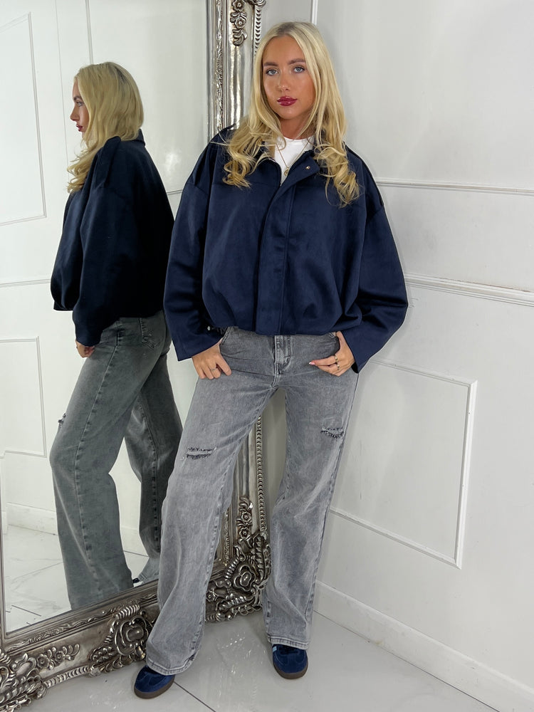 Suede Collared Oversized Bomber Jacket - Navy