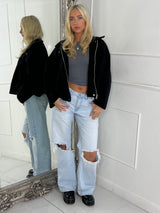 Collared Oversized Bomber Jacket - Black