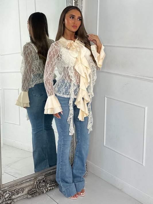 Lace Sheer Diamante Ruffle Shirt - Cream