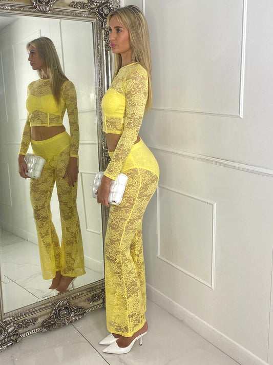 Lace Fitted Long Sleeve Top & Built In Knicker Lace Flares Co-Ord - Yellow