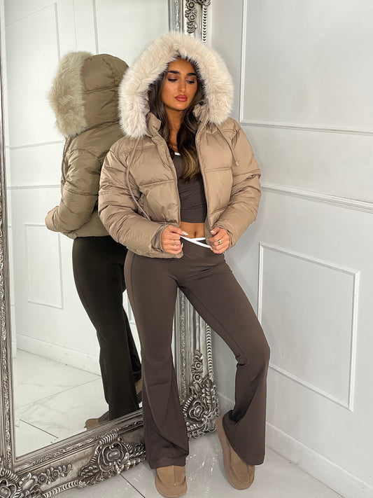 Cropped Faux Fur Trim Padded Jacket - Taupe/Cream